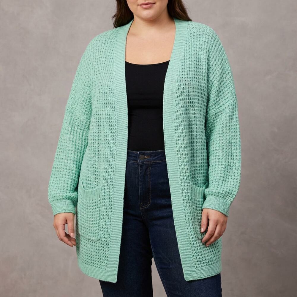 TARSE Boho Coastal Open Knit Mint Cardigan Pockets XL Lightweight Layer Top